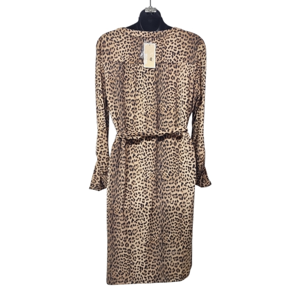 MICHAEL KORS Leopard Print Chain Lace-Up Neck Roll-up Tab Sleeve Dress Sz L NWT - Picture 5 of 12
